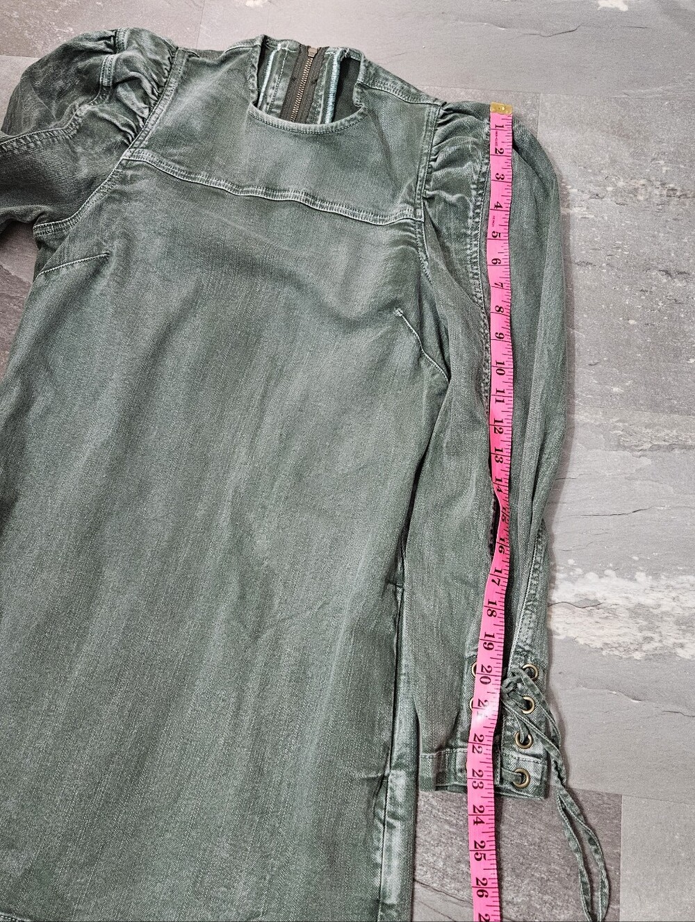 Ulla Johnson Washed Sage Green 3/4 Sleeve Denim Mini Dress with Lace-Up Cuffs - Picture 9 of 10